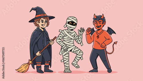 Illustration of three children in halloween costumes a witch a mummy and a devil on a pink background