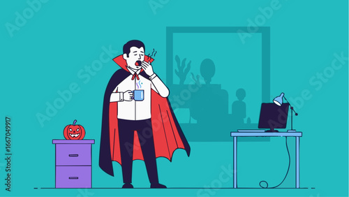 A tired vampire in a cape yawning while holding a mug next to a halloween pumpkin decoration indoors