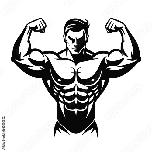 Black and White Vector Illustration of a Muscular Bodybuilder Posing and Flexing