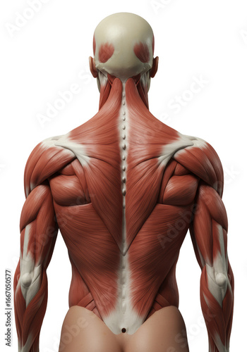Detailed, muscular adult human back and shoulders, symmetrical, no clothing, smooth skin, against seamless transparent studio background, soft lighting, fine art anatomy study concept