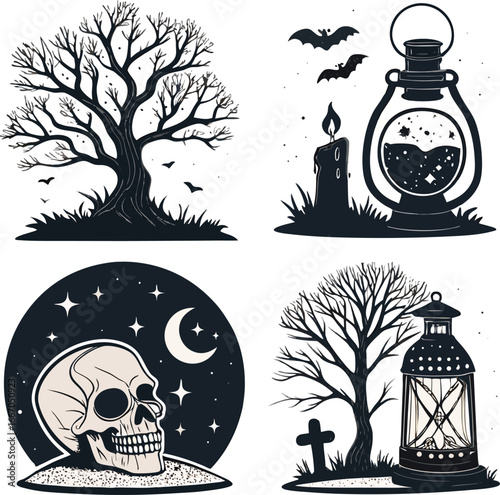 Halloween night illustration set, 4 designs, skeleton, potion bottle, candle lantern, eerie tree, all black silhouettes, highly detailed, clean vector-ready, white background, no text
