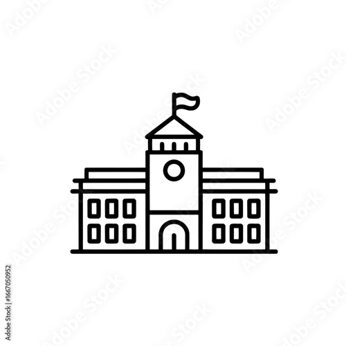 Illustration of a University or Government Building with Flagpole in Black and White Simple Design