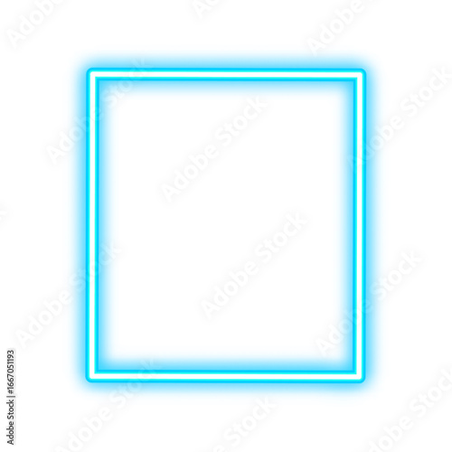 Bright blue neon glowing square frame on a white background, a modern graphic design element.