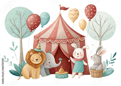 Fototapeta Naklejka Na Ścianę i Meble -  Watercolor illustration of circus tent with animals balloons and trees in a whimsical style