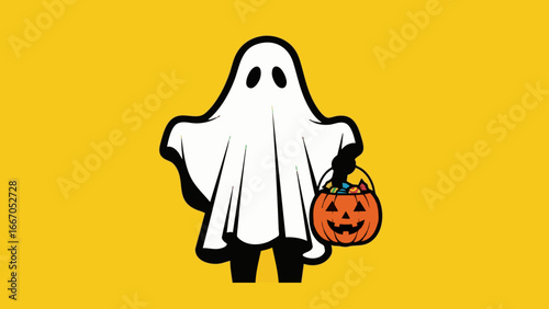 A cartoon ghost in a white sheet costume holding a pumpkin bucket full of candy on a yellow background