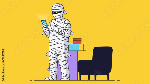 Mummy using a smartphone while standing next to a small table and a black chair in a yellow room