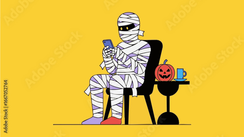 A mummy using a smartphone while sitting on a chair next to a pumpkin and a coffee cup on a table