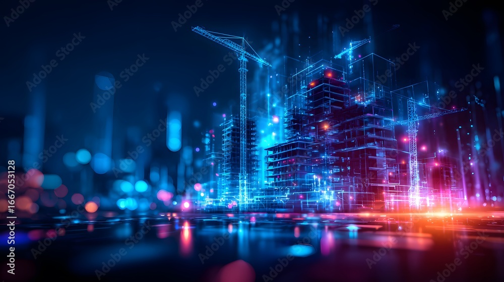 Fototapeta premium Detailed digital 3D model of a modern building under construction with crane