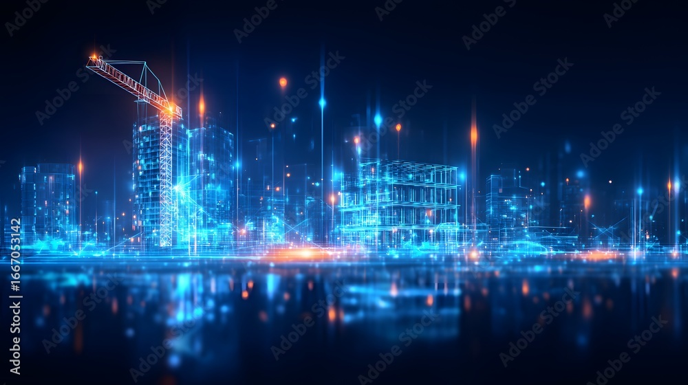Fototapeta premium Detailed digital 3D model of a modern building under construction with crane
