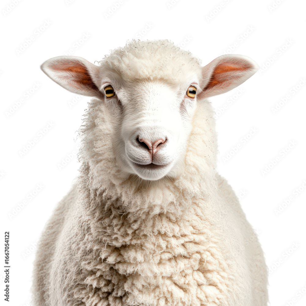 Fototapeta premium White sheep with a bright yellow eye stares at the camera