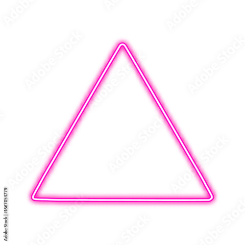A bright pink neon triangle glowing against a pure white background, creating a simple yet striking geometric design.