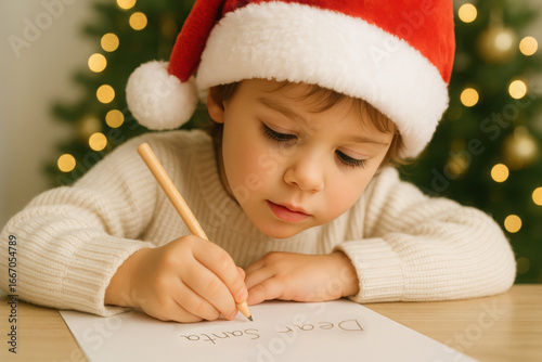 Child writing letter to santa by christmas tree in festive setting
