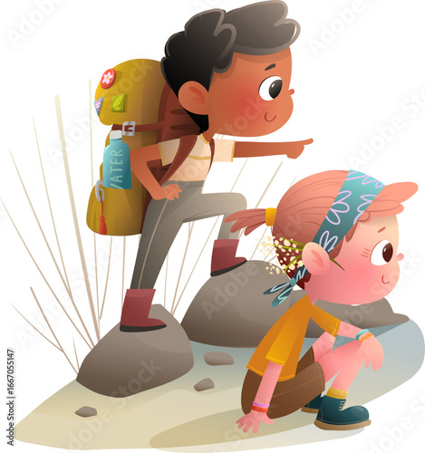 Active adventurous boy and girl friends hiking with a backpacks exploring nature. Children travellers enjoy childhood nature adventures backpacking. Character cartoon for kids children vector clip art