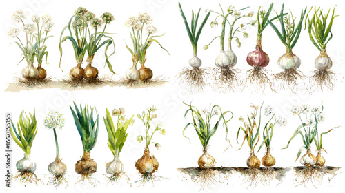 Realistic watercolor illustration of onion plant growth stages, showing bulbs, roots, and green shoots, perfect for botanical and culinary projects.