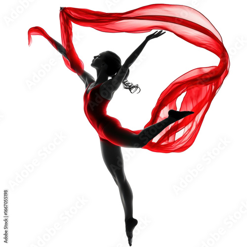 Woman in a red dress is dancing with a red scarf