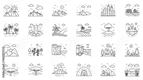 Landscapes line icon set. Vector pictograms of natural and urban scenery, mountain, beach, forest, desert, waterfall, cityscape, canyon thin linear illustration.
