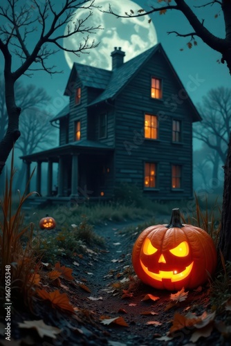 A jack-o'-lantern sits before an old, decaying house , orange, dark