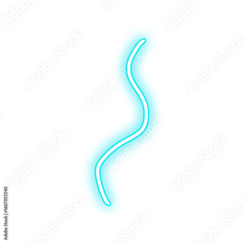 A bright cyan neon line curves in a gentle S-shape against a stark white background.