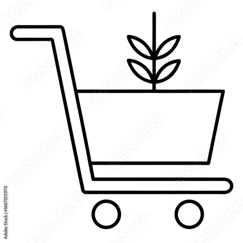 Minimal outline icon of a shopping cart with a plant