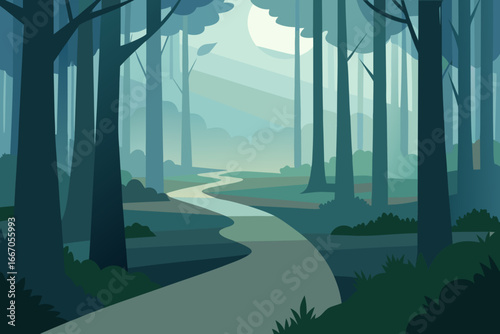 Serene forest path winding through tall trees with soft sunlight and mist