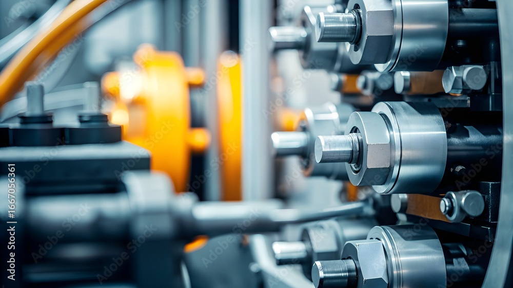 Naklejka premium Precision Engine Machinery with Metallic Gears and Orange Hydraulic Lines