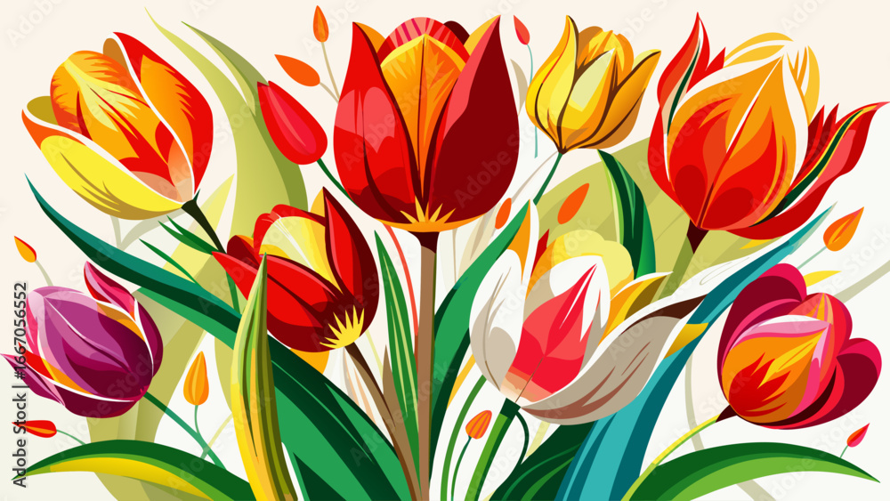 A vibrant cluster of tulips rises, petals glowing red, yellow, and white against pristine white background, semi-realistic composition balancing joy, harmony, and elegance in botanical abstraction.