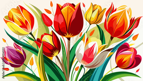 A vibrant cluster of tulips rises, petals glowing red, yellow, and white against pristine white background, semi-realistic composition balancing joy, harmony, and elegance in botanical abstraction.
