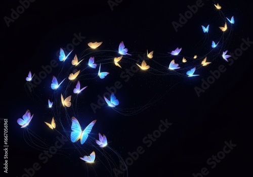 Glowing butterflies flying in the dark, abstract neon light trails in blue, yellow and purple color