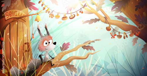 Squirrel home on the tree, house door and food storage of mushrooms on branches. Fluffy squirrel character at home in forest, cartoon for children storybook. Hand drawn vector illustration for kids.