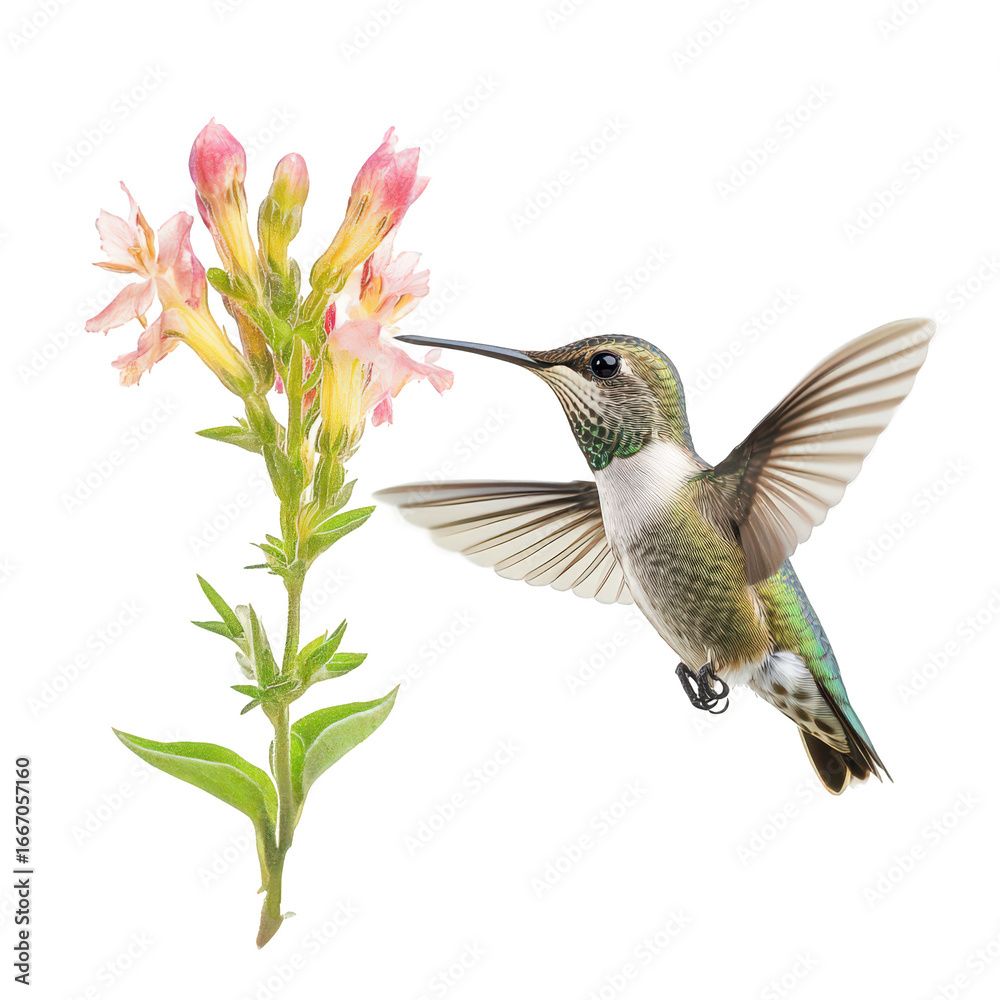 Fototapeta premium Hummingbird is perched on a flower, drinking nectar