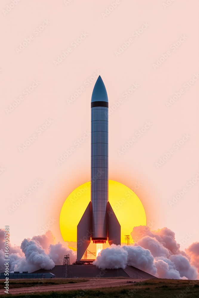 Fototapeta premium Powerful rocket launching from its pad at sunrise, surrounded by smoke and fire, future space exploration, innovation, and technological progress with copy space.