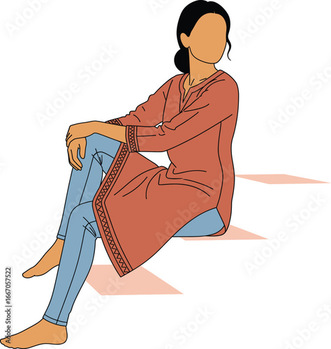 Woman in Kurta and Jeans Sitting on Stairs, Minimalist Vector