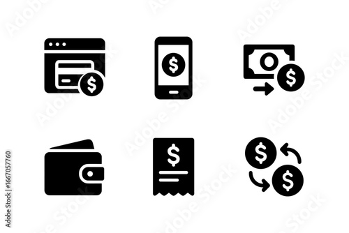 Finance icons set: wallet, receipt, currency exchange, mobile banking, payment gateway