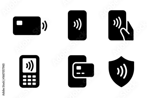 Contactless payment icons: mobile, card, and security symbols