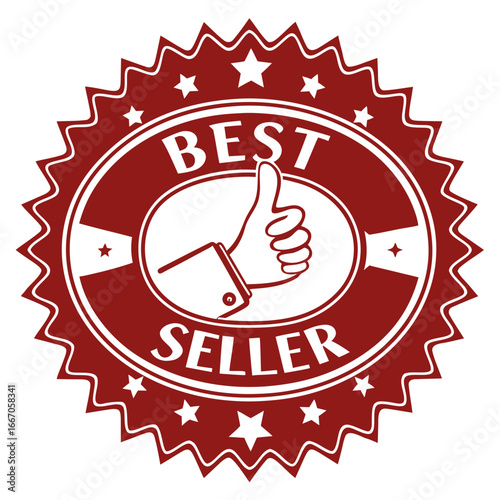 Red best seller badge with thumbs up for business promotion and marketing