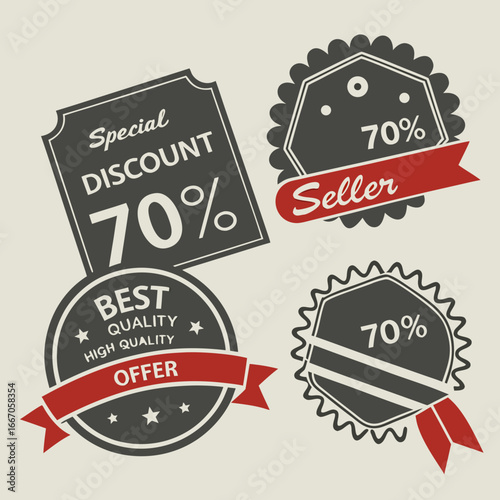 Vintage discount badges with special offer and best quality labels for business promotion and marketing