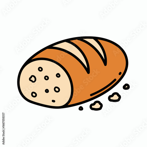 A cartoon drawing of a rustic oblong bread loaf with one end sliced showing its crumb and a few crumbs scattered nearby