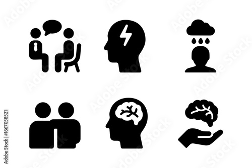 Monochrome mental health icons: therapy, brain, mood, and support symbols