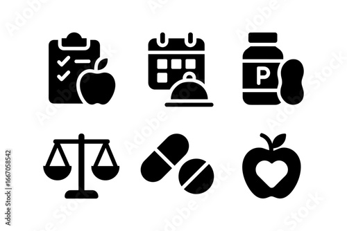 Health icons set: nutrition, wellness, and medicine in bold silhouette style