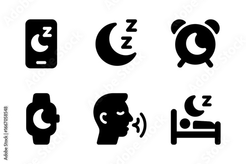 Sleep and nighttime icon set featuring moon, bed, clock, and devices in solid style