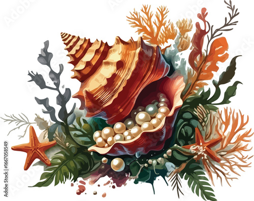 Coastal Still Life with Starfish and Marine Plants