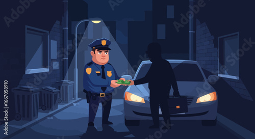 A police officer is handed cash by a silhouetted man near a car in a dark alley at night