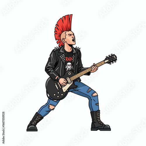 A punk rocker with a red mohawk studded jacket and ripped jeans plays a black electric guitar singing