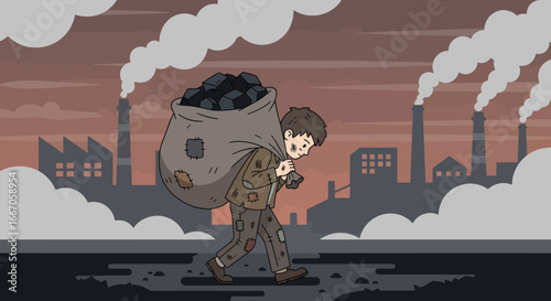 A ragged boy carries a heavy sack of coal through a polluted industrial landscape with smoking factories under a red sky