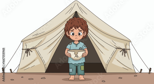 A sad unkempt boy with dark circles under his eyes wearing patched clothes stands barefoot in front of a tent holding a broken bowl