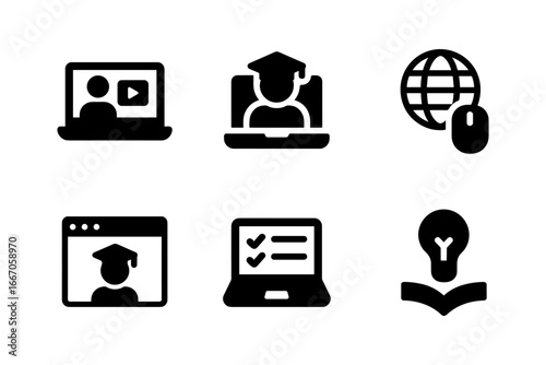 Online education icons: e-learning, graduation, and global connectivity in silhouette style