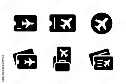 Set of airplane ticket icons in black silhouette style for travel and airline themes