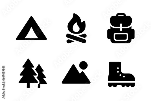 Camping icon set featuring tent, campfire, backpack, trees, mountain, and hiking boot