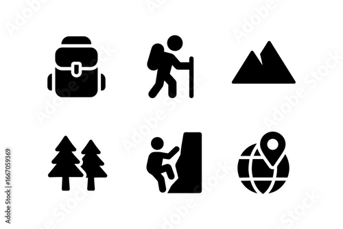 Adventure icons set with hiking, backpacking, and mountain exploration symbols