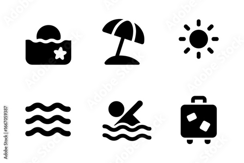 Summer travel icons: beach, sun, and swimming symbols for vacation themes
